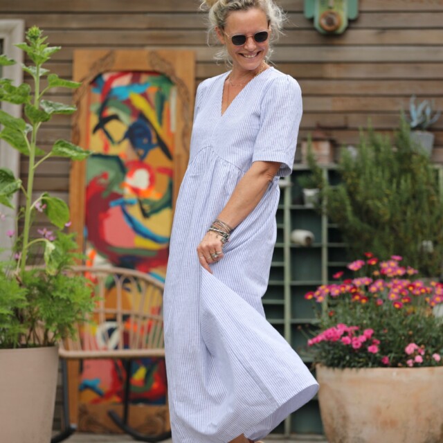 Quintessence - Robe Edonie - rayure lin/coton bleu