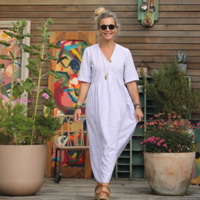 Quintessence - Robe Edonie - rayure lin/coton parme