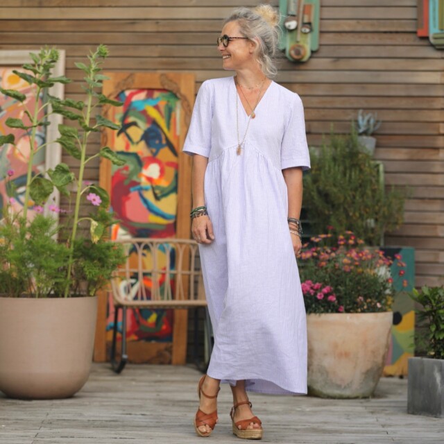 Quintessence - Robe Edonie - rayure lin/coton parme