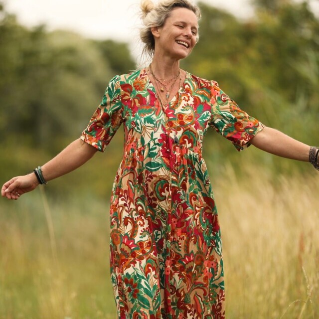 Quintessence - Robe Edonie - viscose imprimé "vert lumière"