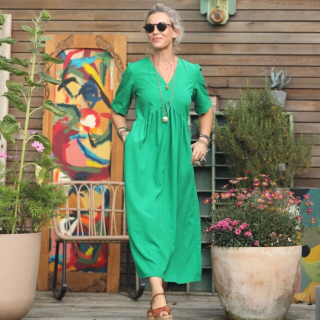 Quintessence - Robe Edonie - viscose/lin vert printemps