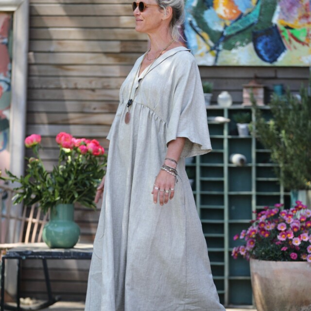 Quintessence - Robe Kalaya - chevron lin/coton kaki-ivoire