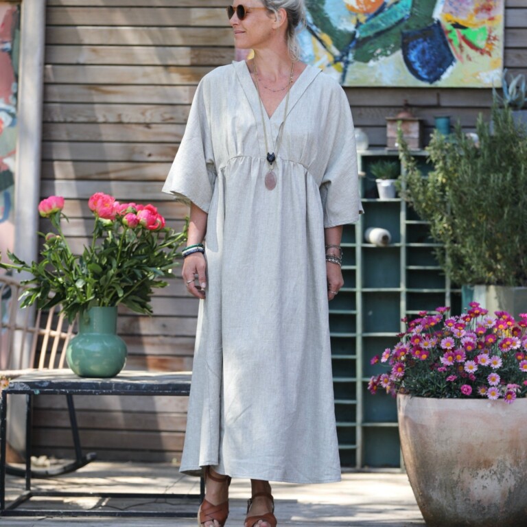 Quintessence - Robe Kalaya - chevron lin/coton kaki-ivoire