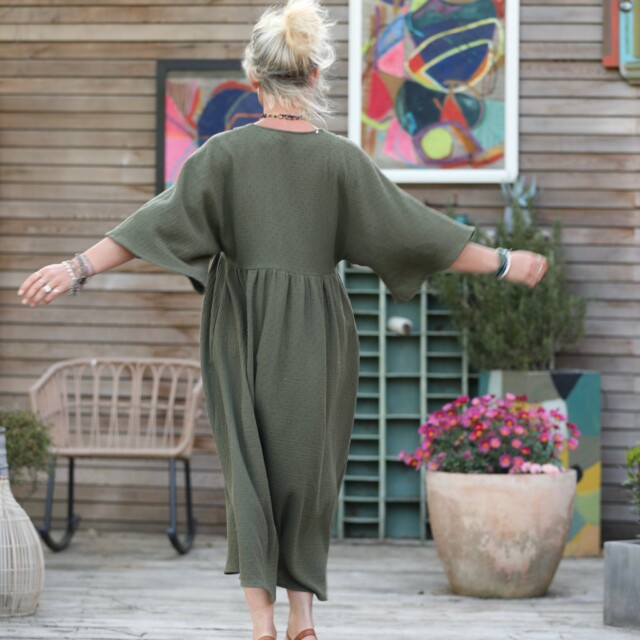 Quintessence - Robe Kalaya - double gaze de coton plumetis vert kaki