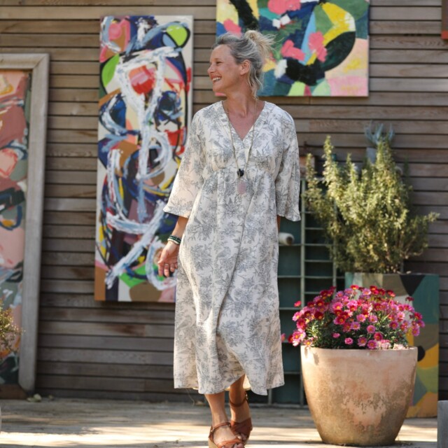 Quintessence - Robe Kalaya - double gaze de coton rouge-gorge gris/ivoire