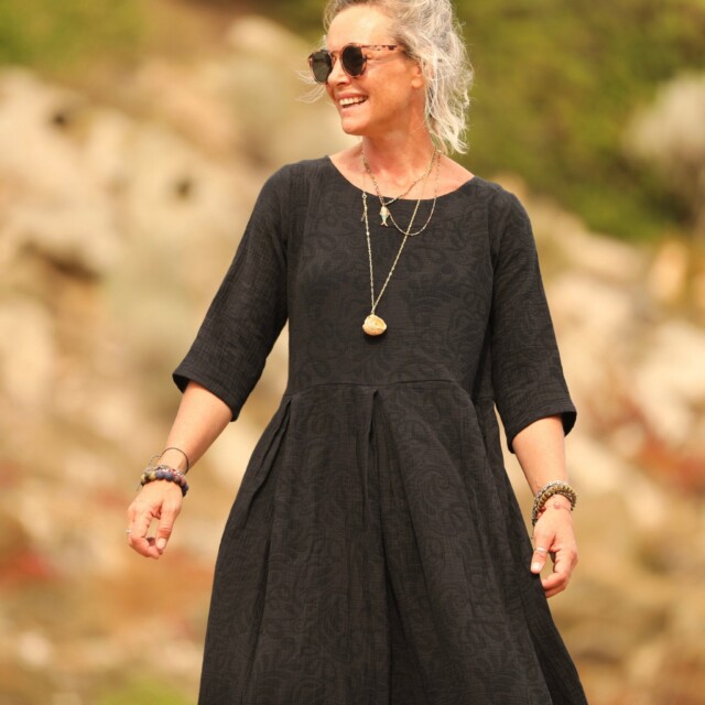 Quintessence - Robe Louisa - Double gaze de coton/lin jacquard fleuri noir