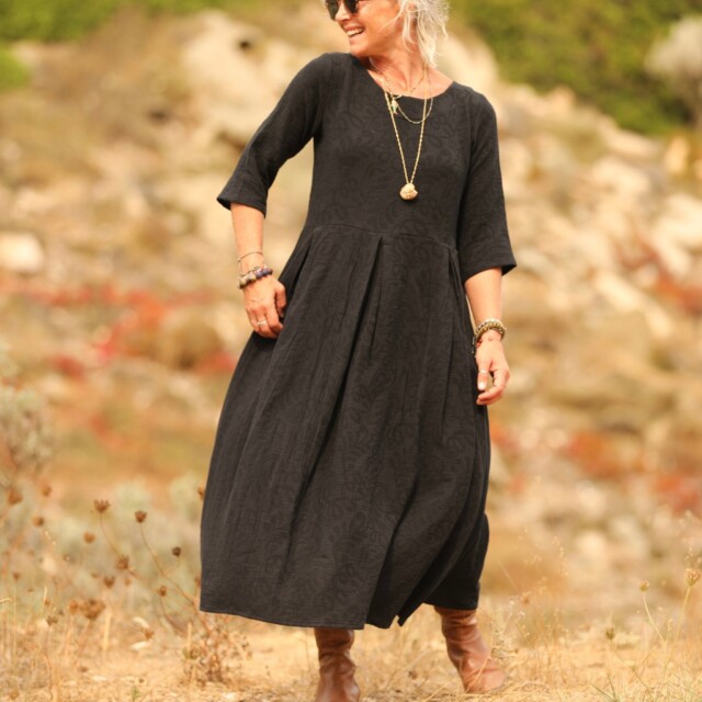 Quintessence - Robe Louisa - Double gaze de coton/lin jacquard fleuri noir