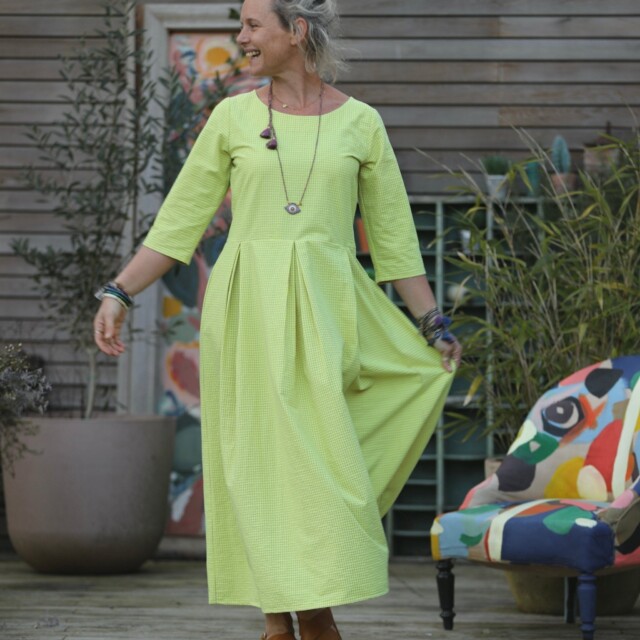 Quintessence - Robe Louisa manches 3/4 vichy ficelle/jaune fluo