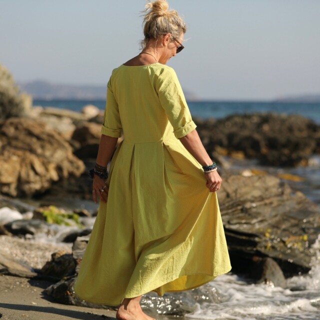 Quintessence - Robe Louisa manches 3/4 vichy ficelle/jaune fluo