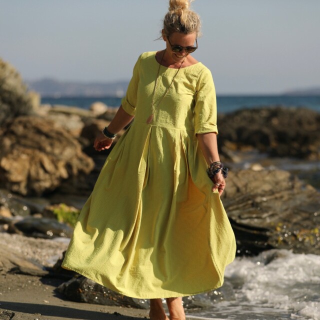 Quintessence - Robe Louisa manches 3/4 vichy ficelle/jaune fluo