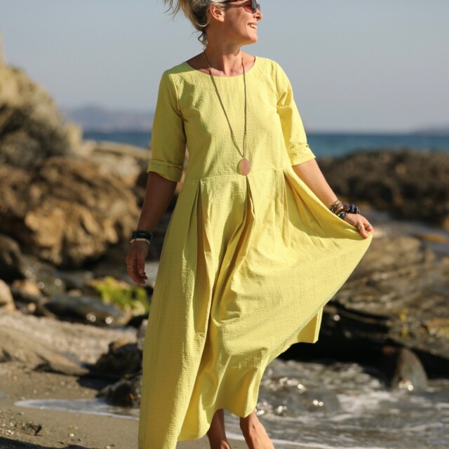 Quintessence - Robe Louisa manches 3/4 vichy ficelle/jaune fluo