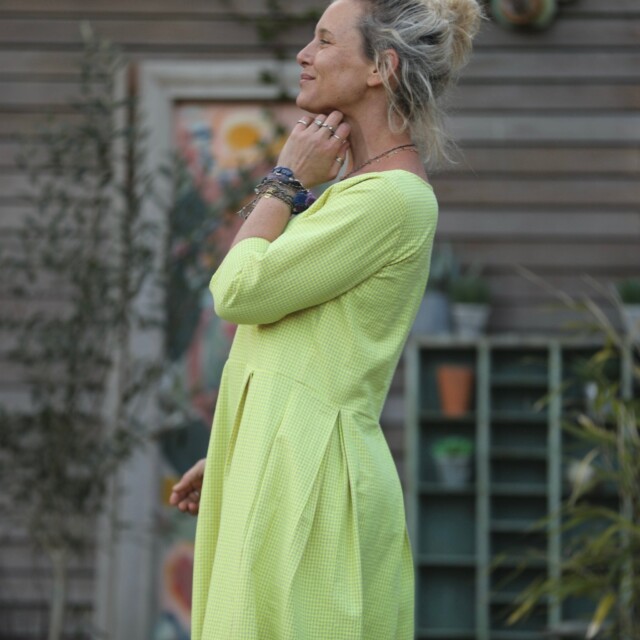 Quintessence - Robe Louisa manches 3/4 vichy ficelle/jaune fluo