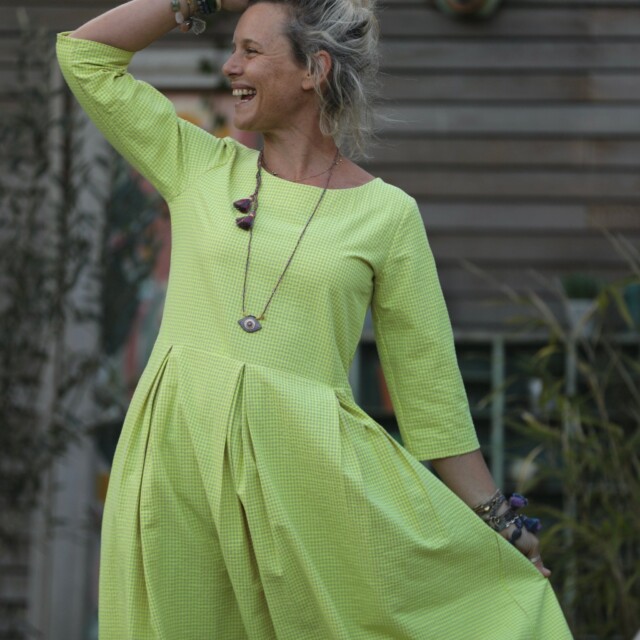 Quintessence - Robe Louisa manches 3/4 vichy ficelle/jaune fluo