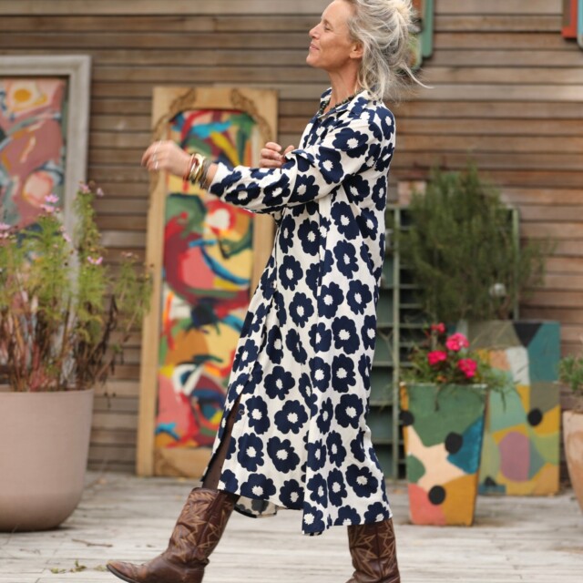 Quintessence - Robe Pensée - Viscose fleurs marine