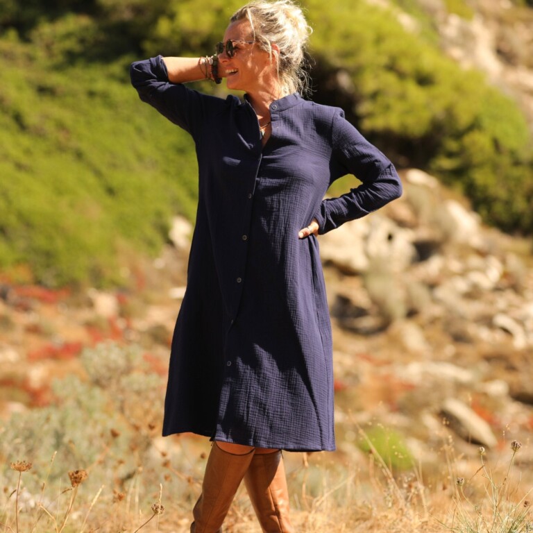 Quintessence - Robe Yuna -  Double gaze de coton bleu nuit