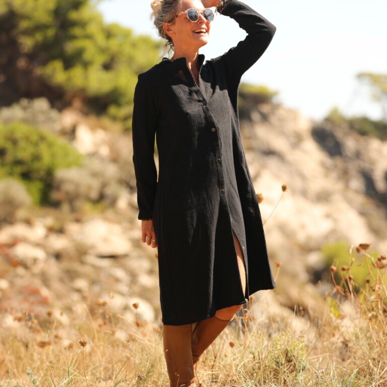 Quintessence - Robe Yuna - Double gaze de coton/lin jacquard fleuri noir