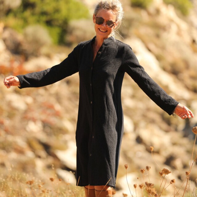 Quintessence - Robe Yuna - Double gaze de coton/lin jacquard fleuri noir