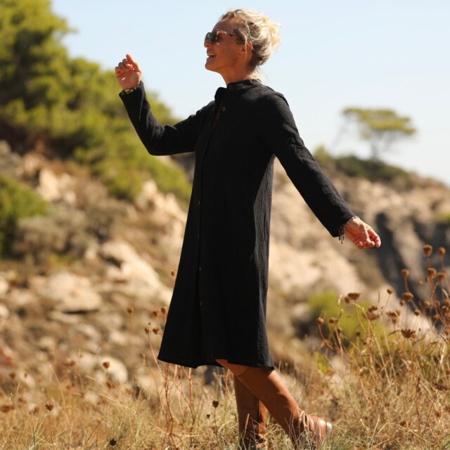 Quintessence - Robe Yuna - Double gaze de coton/lin jacquard fleuri noir