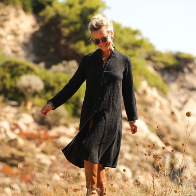 Quintessence - Robe Yuna - Double gaze de coton/lin jacquard fleuri noir