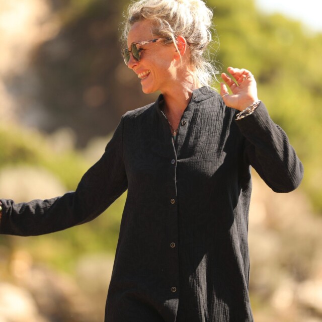 Quintessence - Robe Yuna - Double gaze de coton/lin jacquard fleuri noir