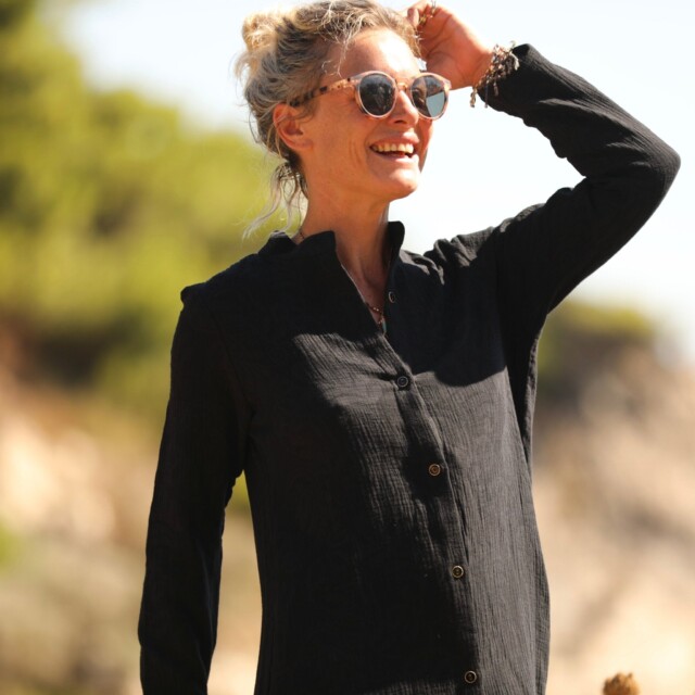 Quintessence - Robe Yuna - Double gaze de coton/lin jacquard fleuri noir