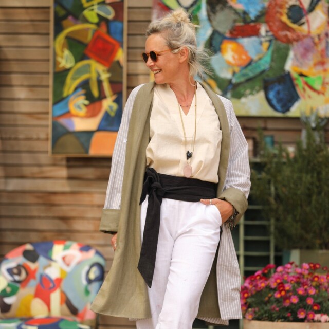 Quintessence - Veste Lisandre lin kaki/rayure kaki