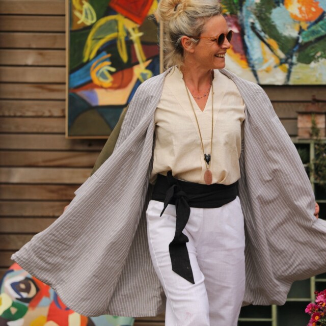 Quintessence - Veste Lisandre lin kaki/rayure kaki