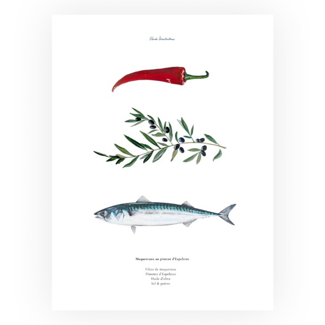 varek.illustrations - Affiche : La recette du Maquereau au Piment d'Espelette