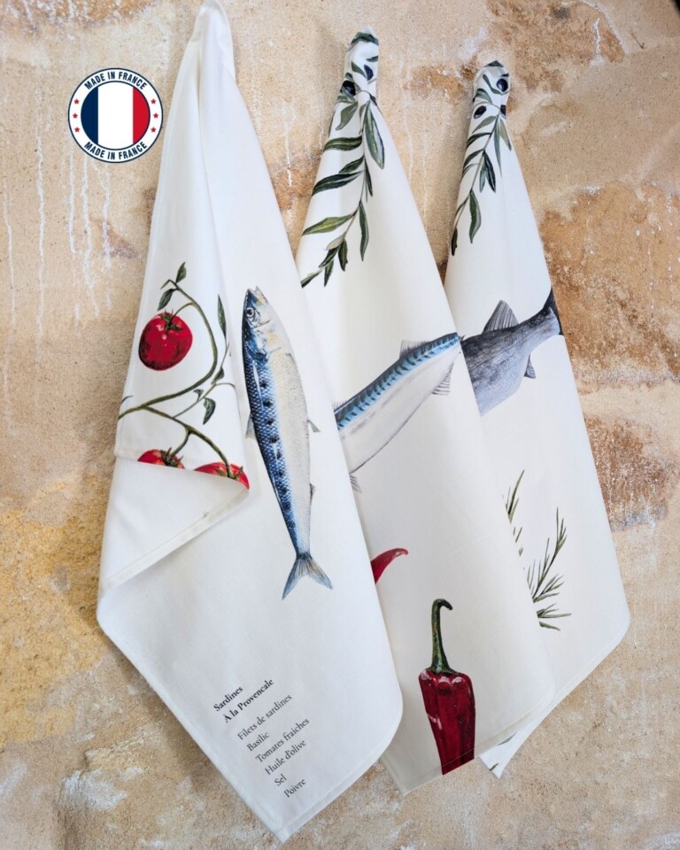 varek.illustrations - Lot de 3 Torchons 100% coton : Les Recettes de Poissons
