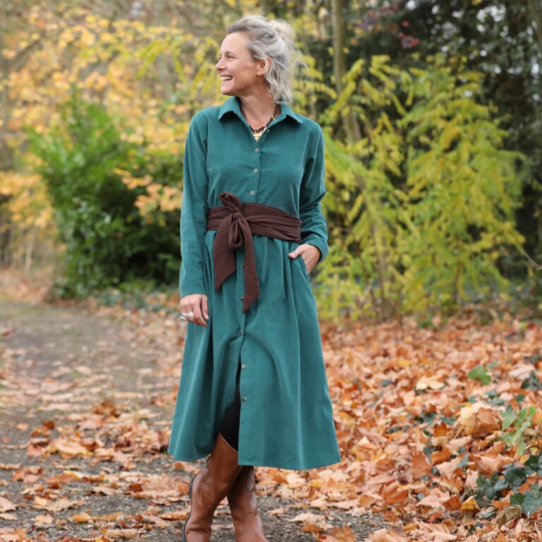 Quintessence - Robe Arlène - Velours milleraies vert émeraude