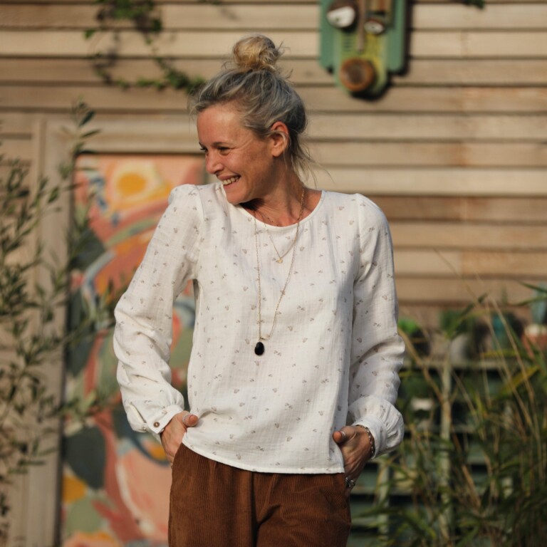 Quintessence - Blouse Amarante - double gaze de coton moineaux blanche