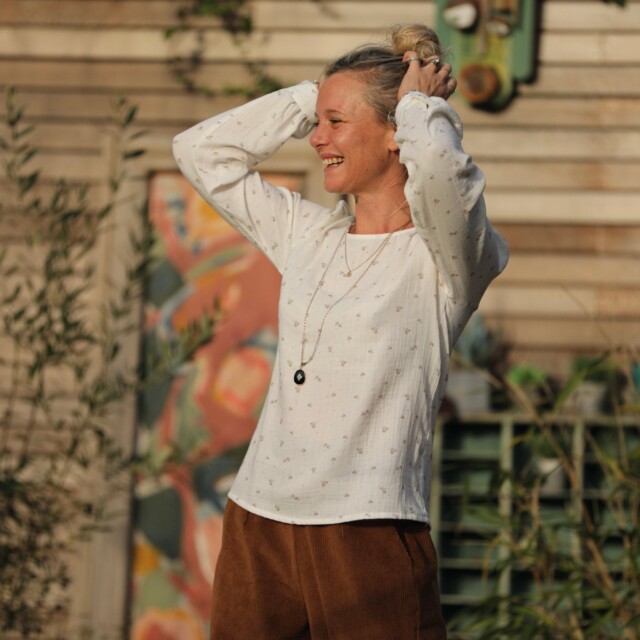 Quintessence - Blouse Amarante - double gaze de coton moineaux blanche