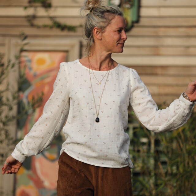 Quintessence - Blouse Amarante - double gaze de coton moineaux blanche