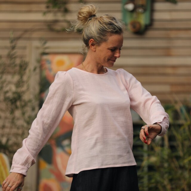 Quintessence - Blouse Amarante - double gaze de coton rose poudré