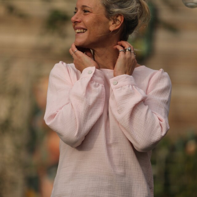 Quintessence - Blouse Amarante - double gaze de coton rose poudré