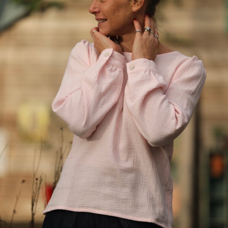 Quintessence - Blouse Amarante - double gaze de coton rose poudré