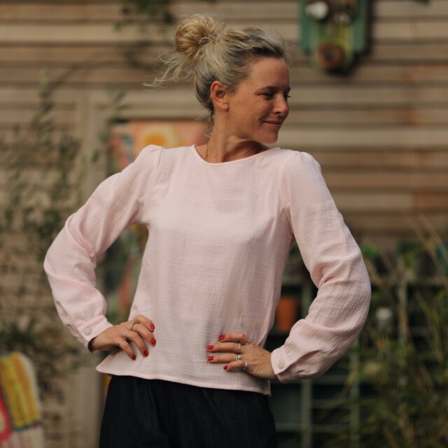 Quintessence - Blouse Amarante - double gaze de coton rose poudré