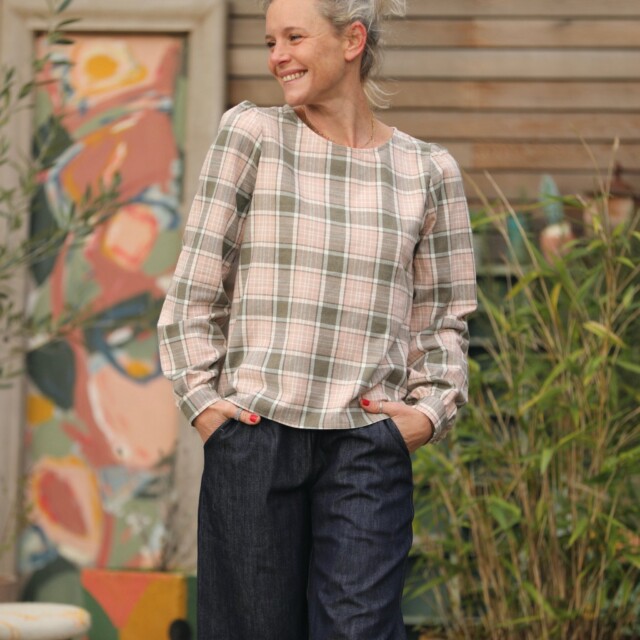 Quintessence - Blouse Amarante - Tartan kaki/rose