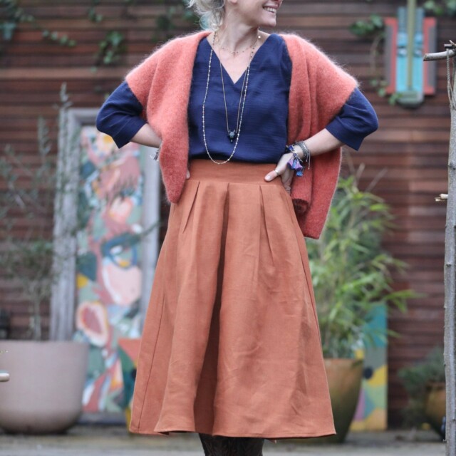 Quintessence - Blouse Eulalie col V - manches 3/4 - double gaze de coton bleu nuit