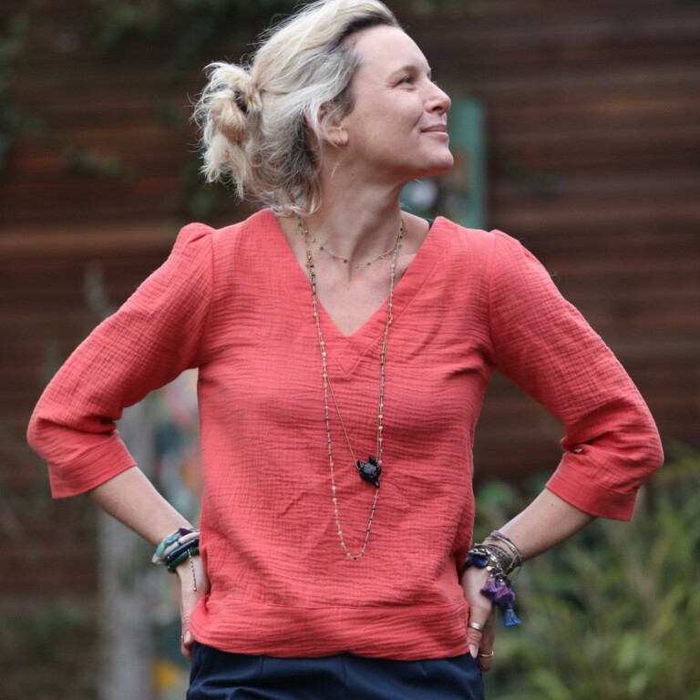 Quintessence - Blouse Eulalie col V - manches 3/4 - double gaze de coton Papaye