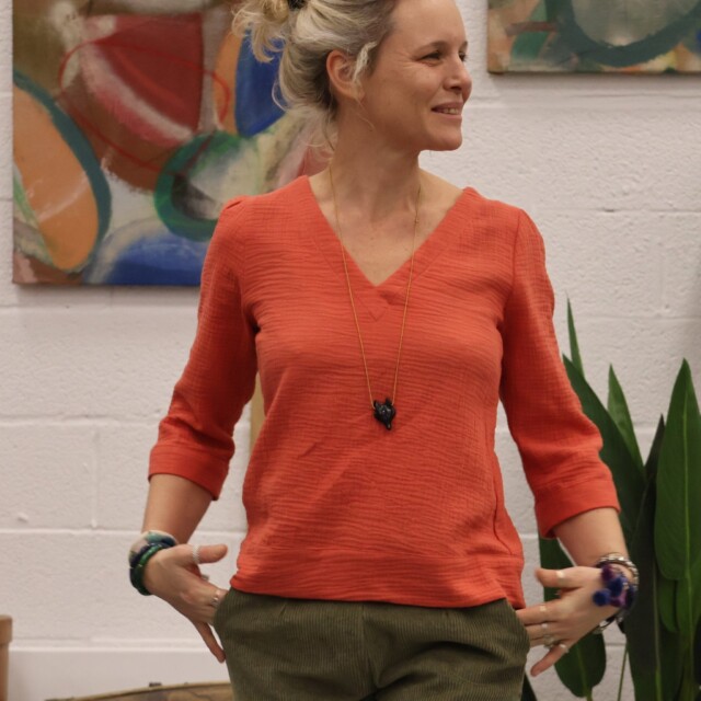 Quintessence - Blouse Eulalie col V - manches 3/4 - double gaze de coton Papaye