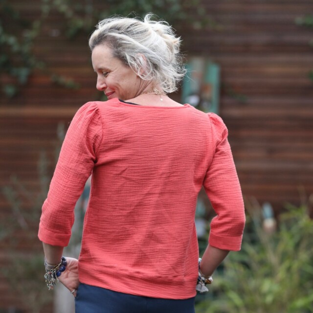 Quintessence - Blouse Eulalie col V - manches 3/4 - double gaze de coton Papaye