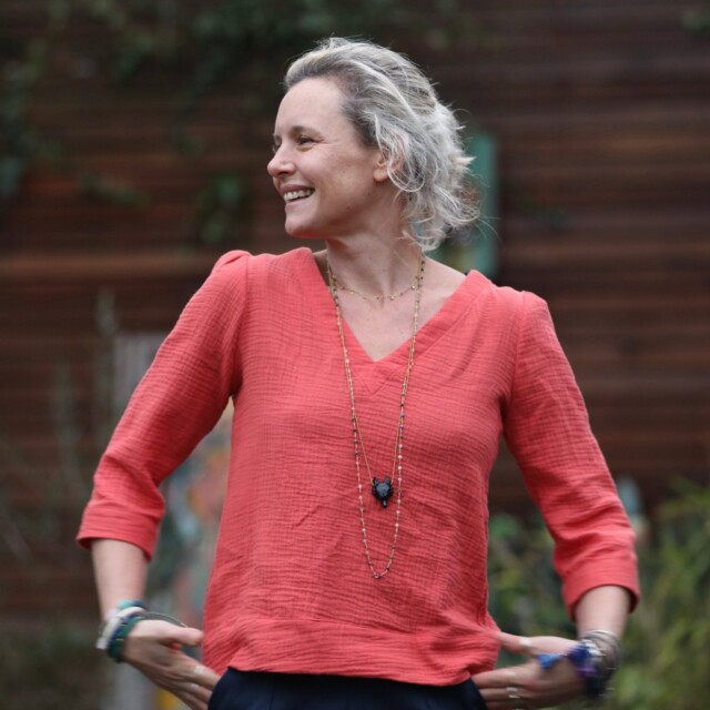 Quintessence - Blouse Eulalie col V - manches 3/4 - double gaze de coton Papaye