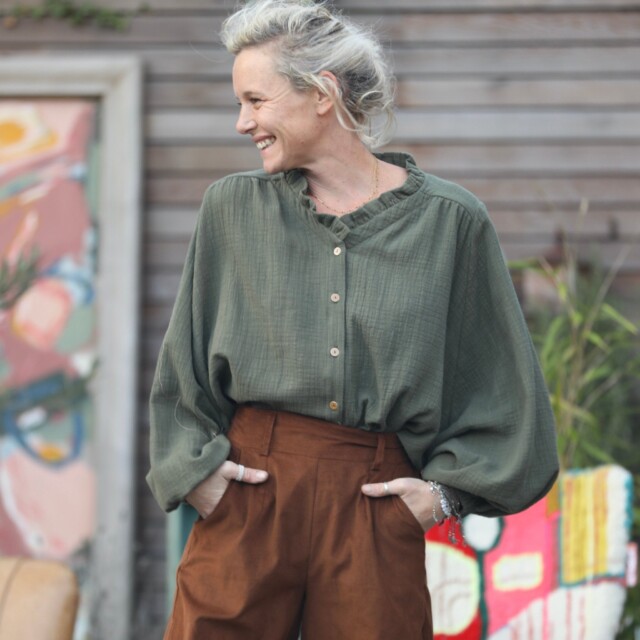 Quintessence - Blouse Miléna - armuré/gaze de coton kaki