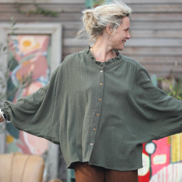 Quintessence - Blouse Miléna - armuré/gaze de coton kaki