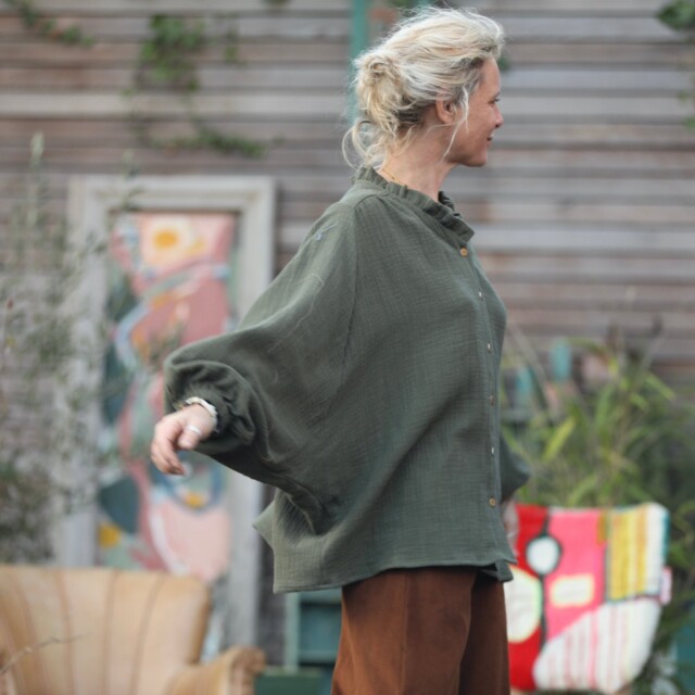 Quintessence - Blouse Miléna - armuré/gaze de coton kaki