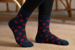 Airplum - Chaussettes fantaisie femme homme coton HAMOUR bleu marine baisers rouges
