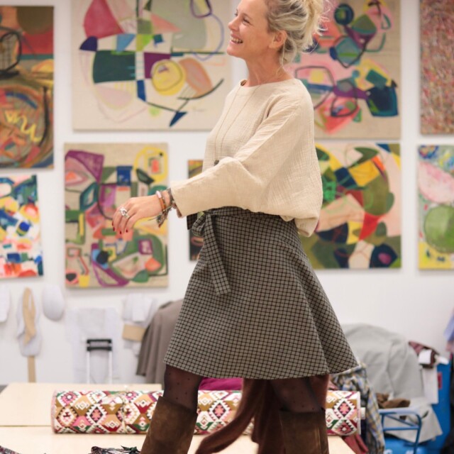 Quintessence - Jupe portefeuille Marie midi - Flanelle tartan ivoire