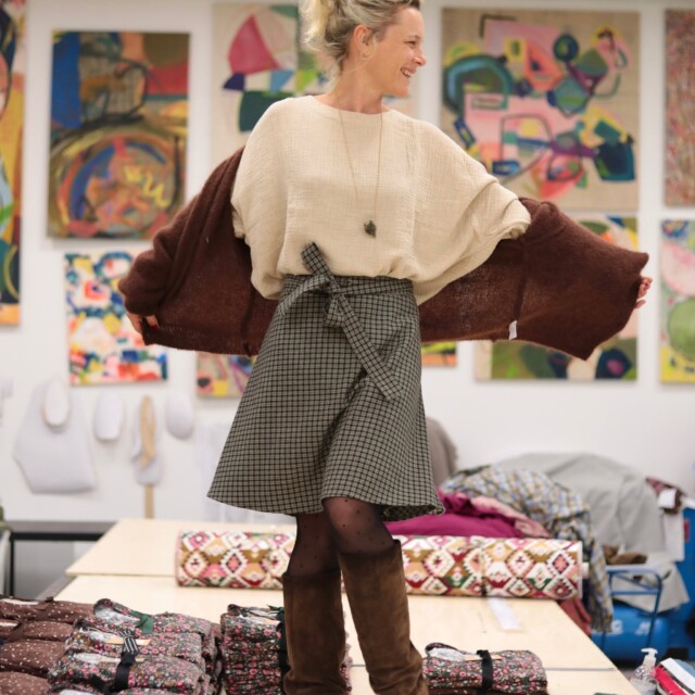 Quintessence - Jupe portefeuille Marie midi - Flanelle tartan ivoire