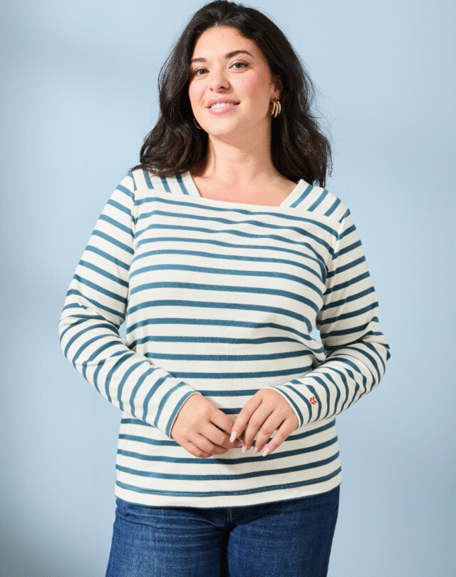 Lemahieu - Marinière manches longues  - Rayure Bleu pétrole / Ecru - Col carré - Blanc - Femme